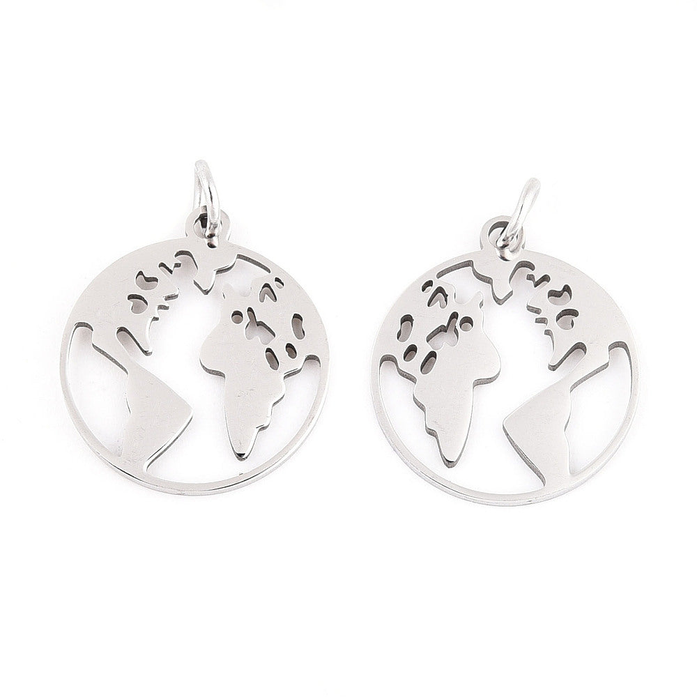Silver round world map pendant with cutout continents and small top loop