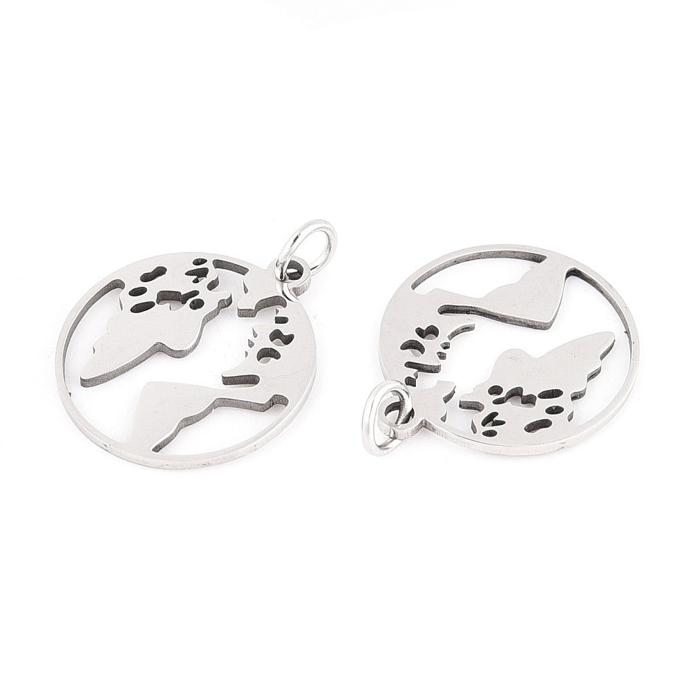 Silver round world map pendant showing side view and hanging loop, cutout continents