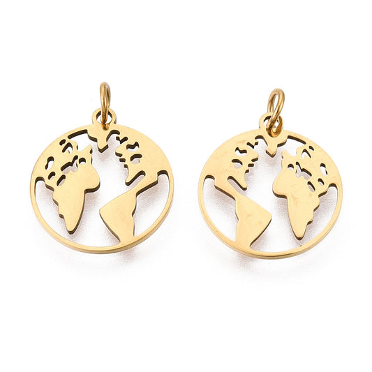 Round world map pendant charm, gold-tone with loop bail and cutout continents