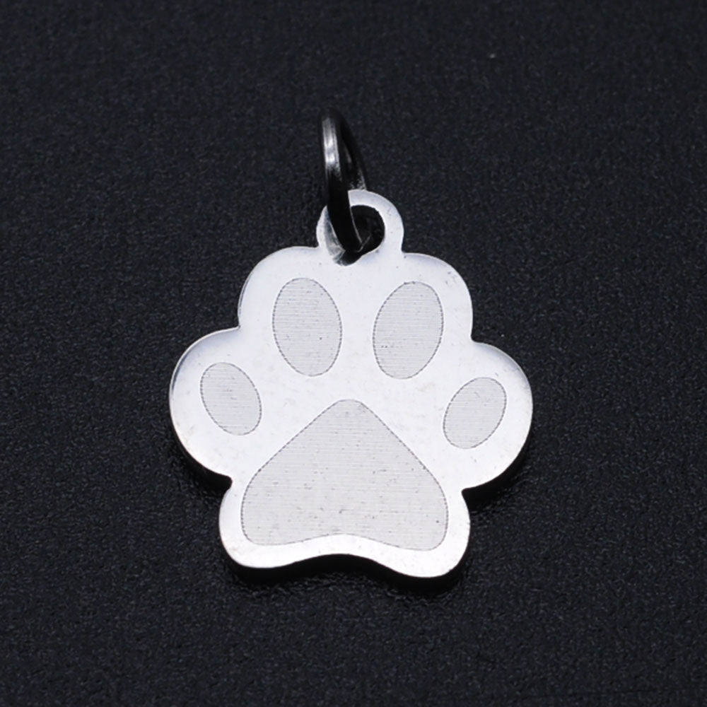 Stainless steel dog paw print charm with jump ring, silver tone