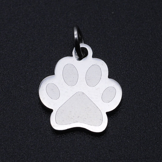 Stainless steel dog paw print charm with jump ring, silver tone