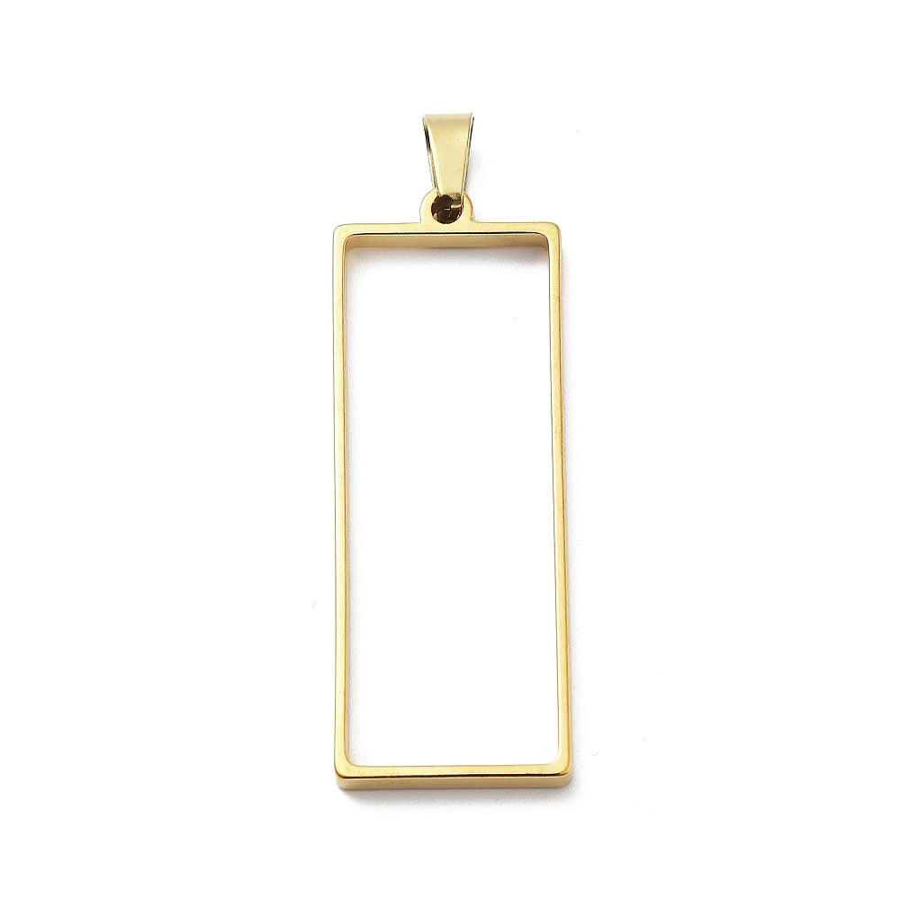 Rectangle pendant bezel with open back, gold-plated finish, hanging loop