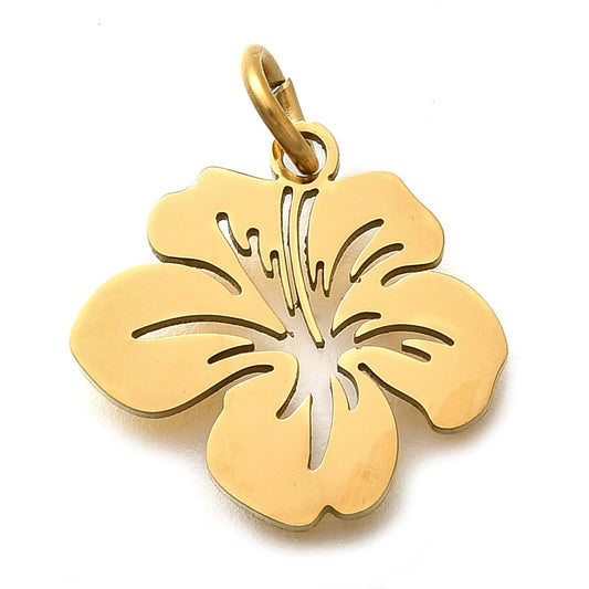Gold-tone flower charm with engraved petals and small jump ring bail