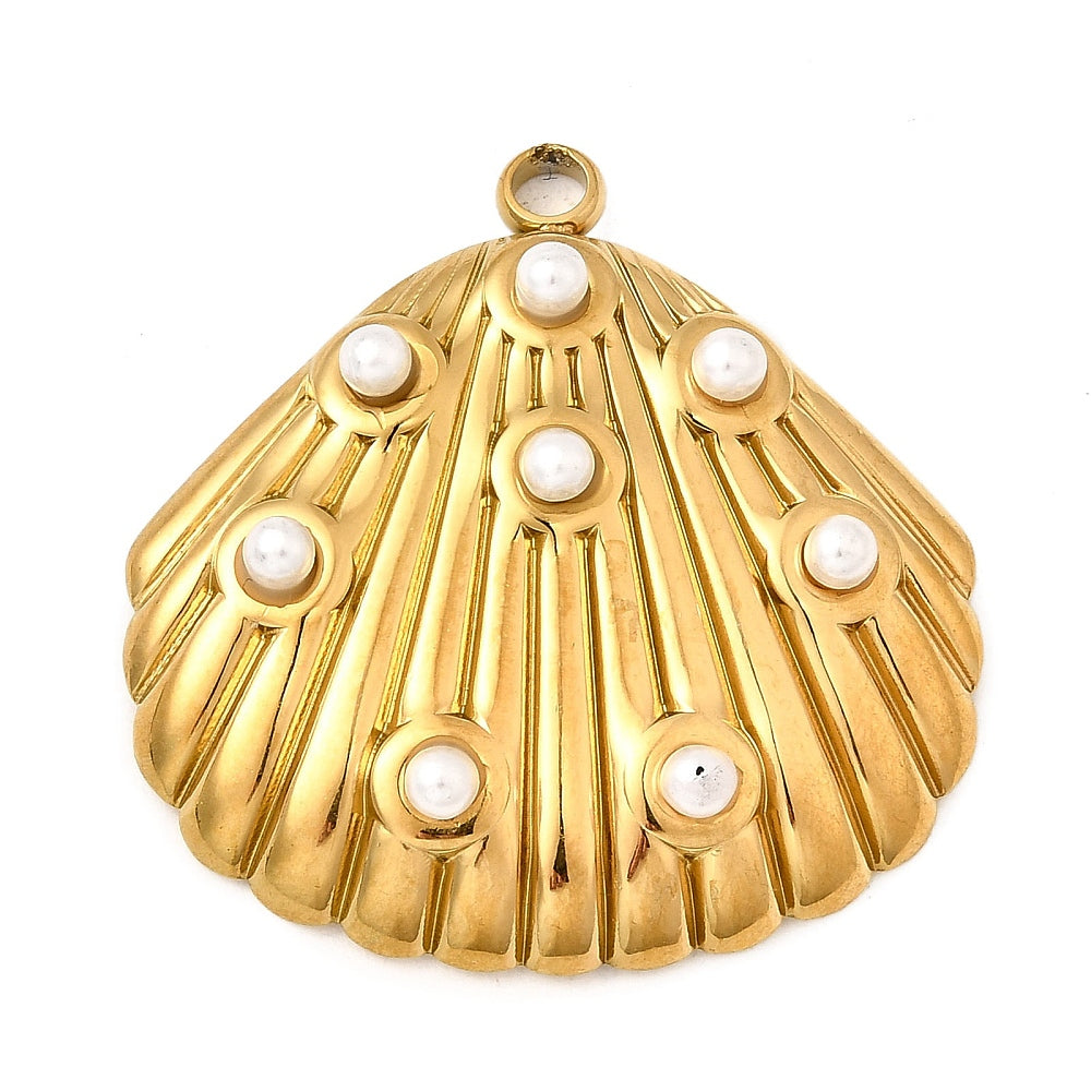 Gold shell pendant with round imitation pearl studs and top loop