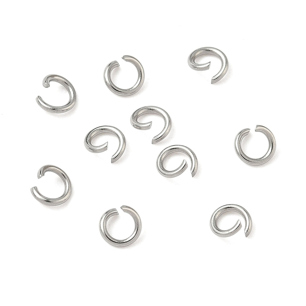 Silver open jump rings, small stainless steel connector loops, assorted angles