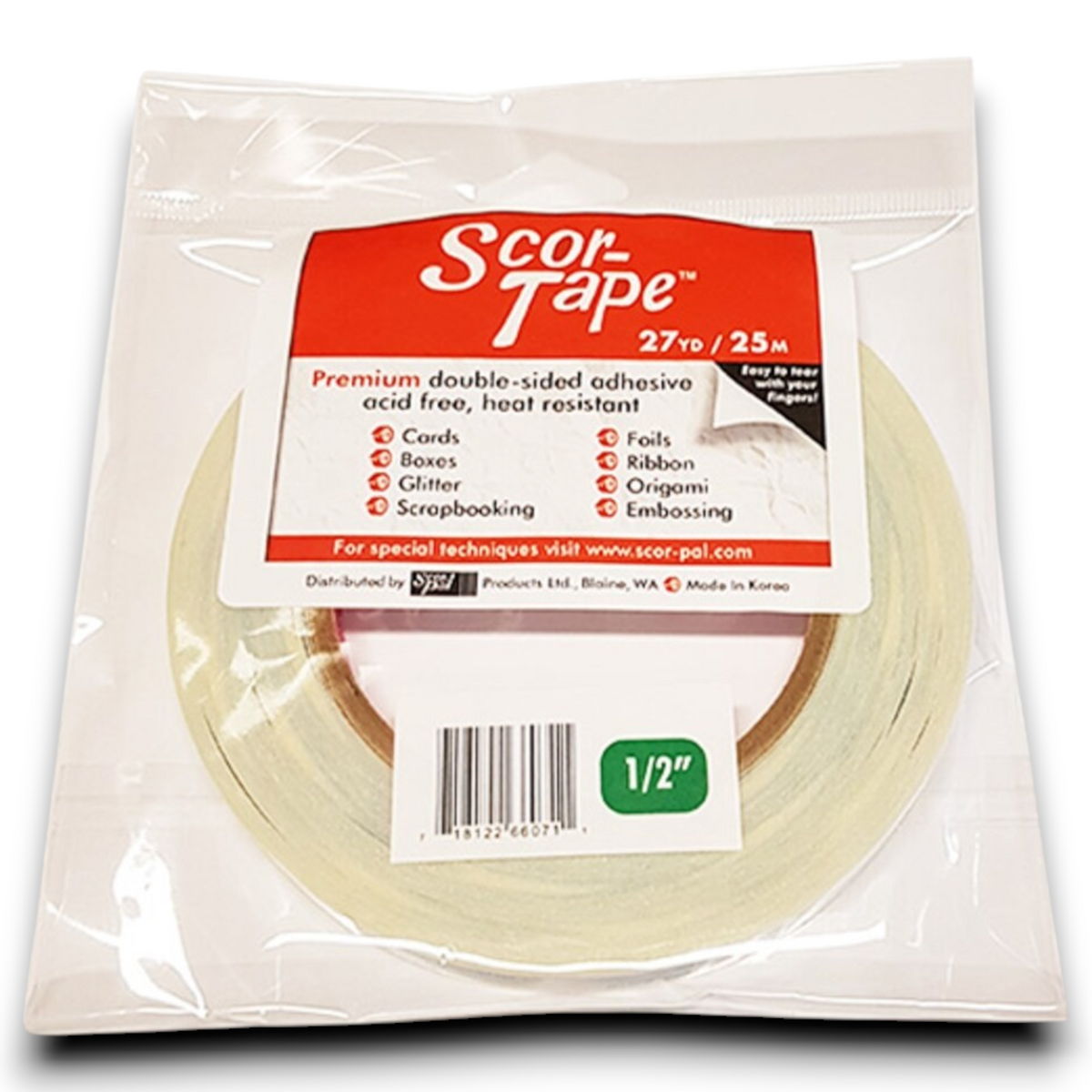 Scor-Tape double-sided adhesive tape roll, 1/2 inch wide, in clear retail package