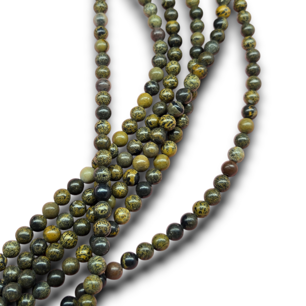 Smooth round jasper beads strand, 6mm, green and yellow with dark speckles.