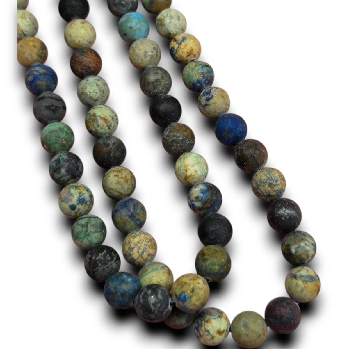 Matte round gemstone bead strand, blue-green and dark mixed beads