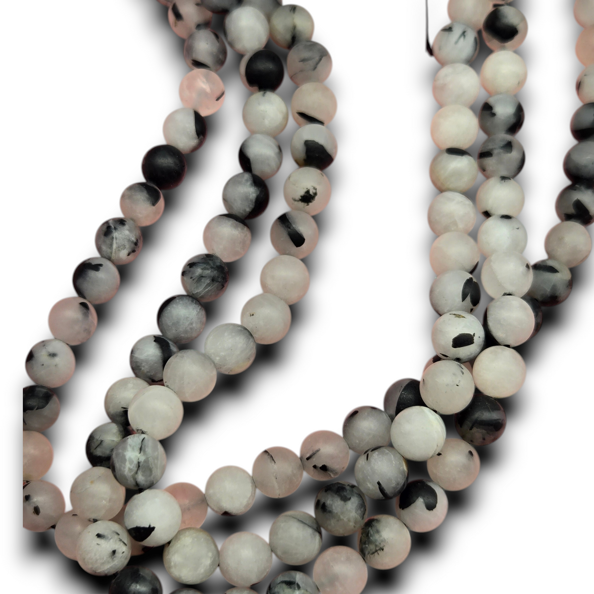 Tourmalated quartz bead strand, matte round 8mm beads in gray, black, cream tones