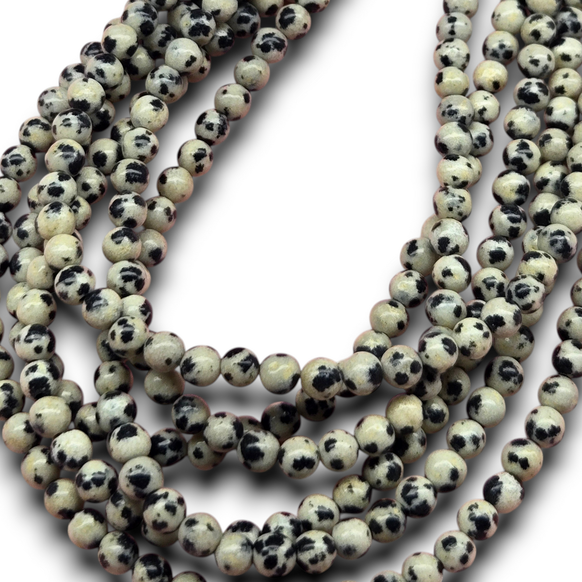 Dalmatian jasper smooth round beads strand, 4.5mm, black and cream speckled beads