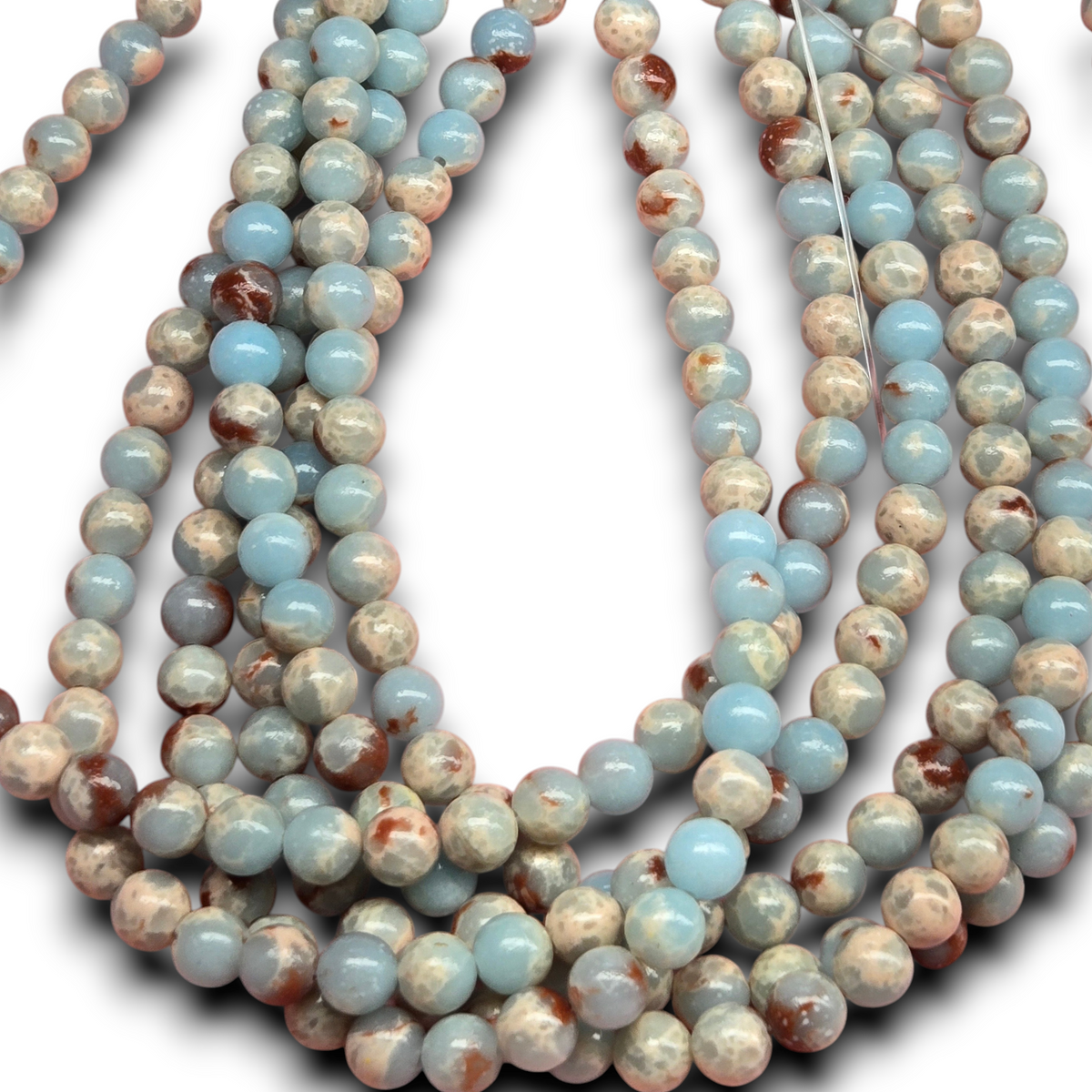 Aquaterra jasper smooth round beads strand, light blue and mottled beige spheres