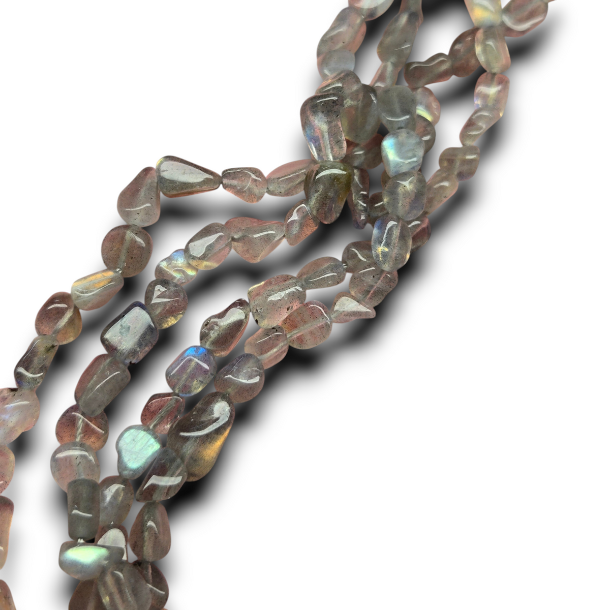 Labradorite smooth pebble beads strand, 7mm, iridescent gray-green flash