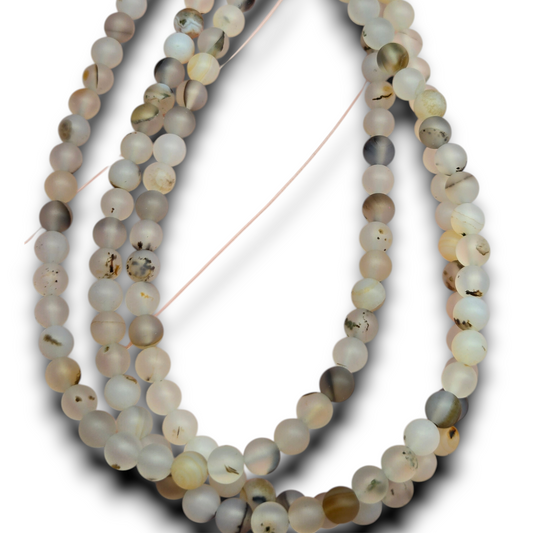 Matte round dendritic agate bead strand, pale gray cream with speckled spots, 6mm