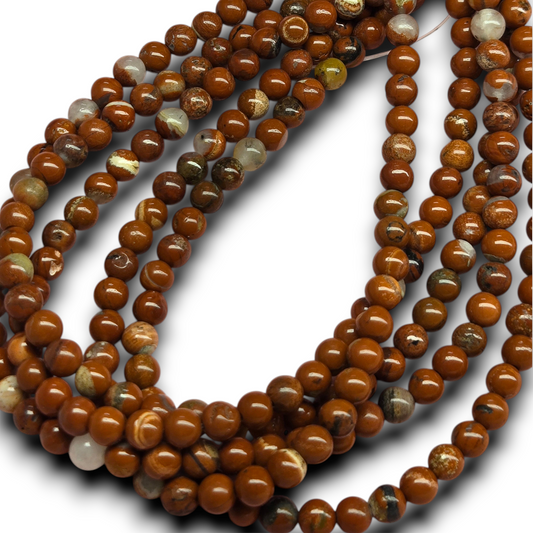 Brecciated red jasper beads strand with smooth round 6mm beads, reddish brown speckled