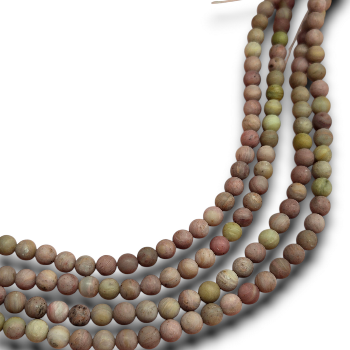 Matte round wood rhodonite beads strand, 6.5mm, mixed green and pink tones