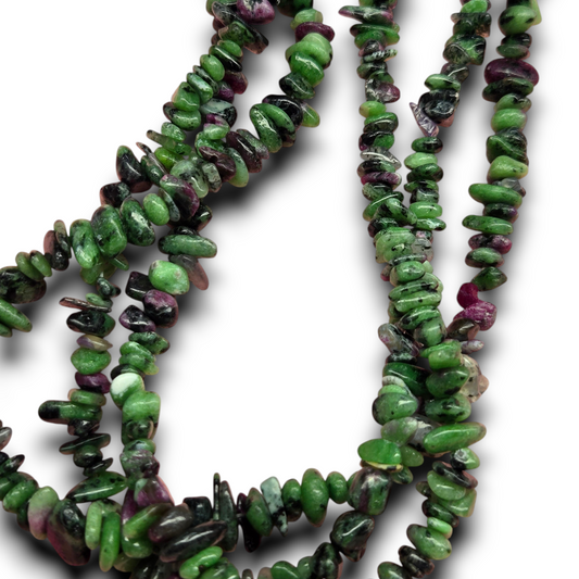 Ruby zoisite freeform chip bead strand, green and dark purple stones