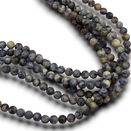 Matte sodalite round beads strand, 6mm, blue and tan speckled finish