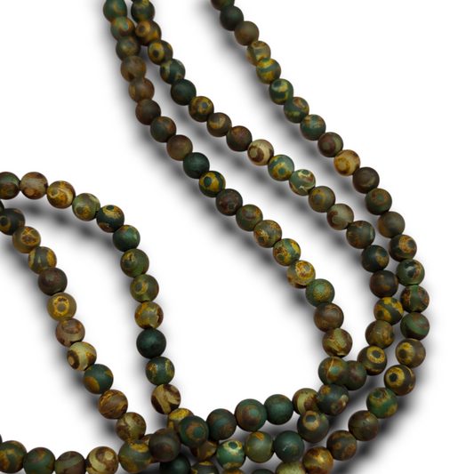 Round matte agate beads, green and brown with golden speckles, 6mm.
