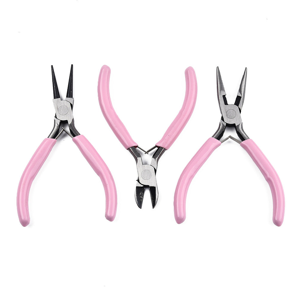 Jewelry pliers set with pink handles, including needle-nose and cutters