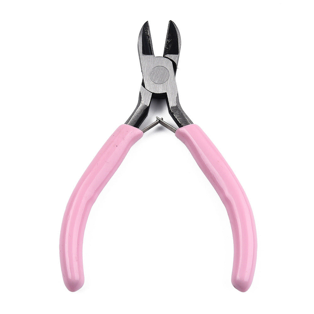 Needle-nose jewelry pliers with pink handles and pointed steel jaws