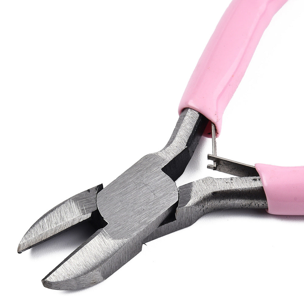 Jewelry pliers with pink grips and pointed steel tips
