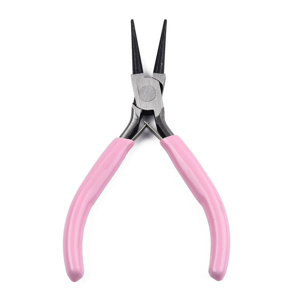 Needle-nose jewelry pliers with pink handles and narrow steel jaws