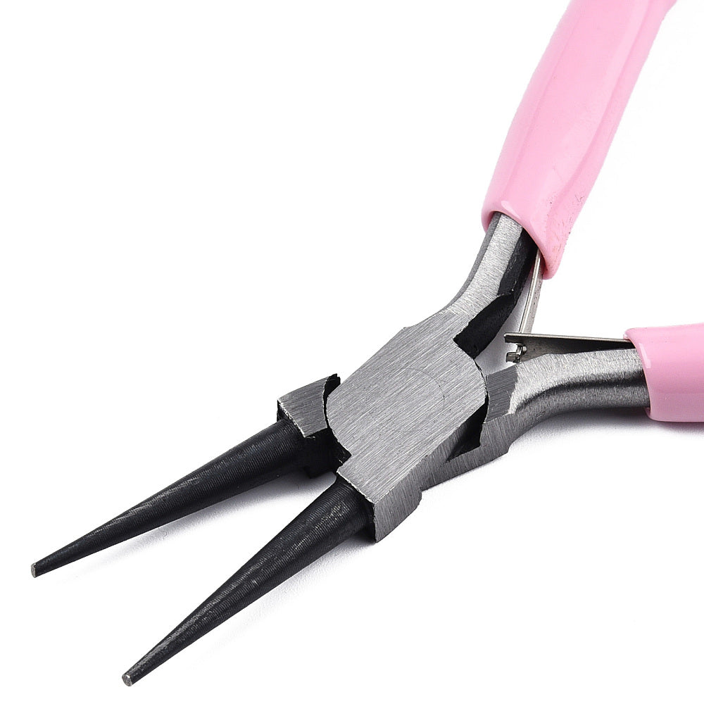 Long-nose jewelry pliers with pink handles and pointed steel tips