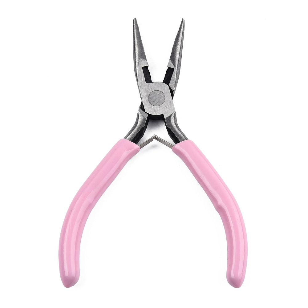 Needle-nose jewelry pliers with pink handles and slim steel jaws
