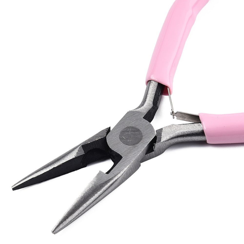 Cutting jewelry pliers with pink grips and angled steel jaws