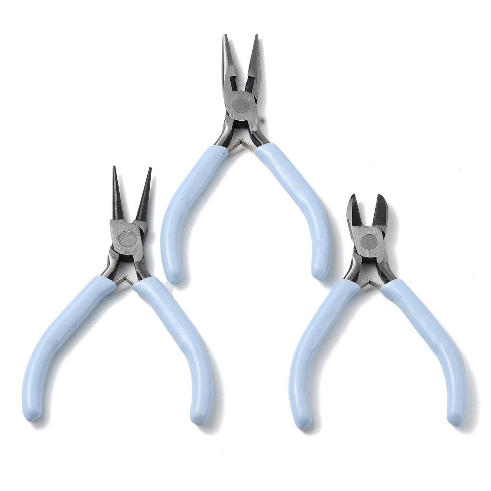 Jewelry pliers set of three with light sky blue handles and steel jaws