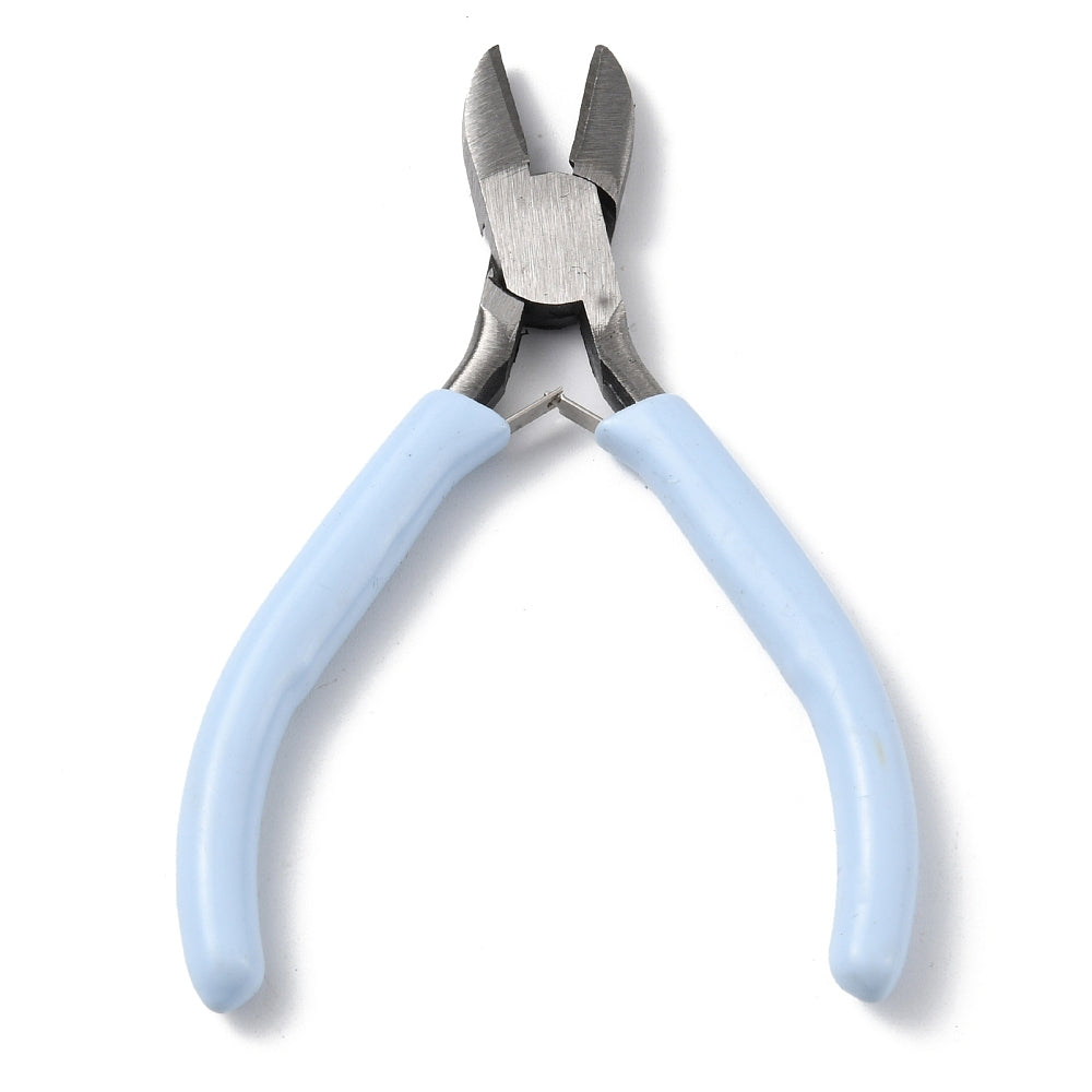 Jewelry pliers with light sky blue handles and steel jaws, open cutting ends