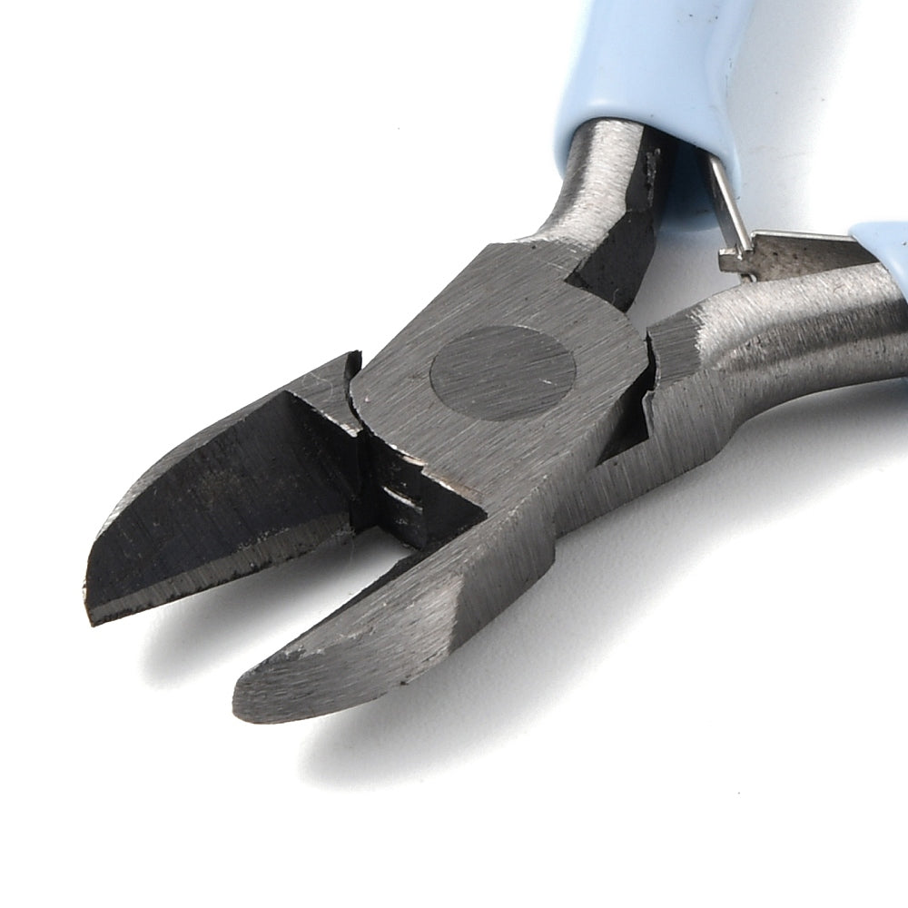 Jewelry pliers cutter head and jaws with light blue handle ends, steel tool