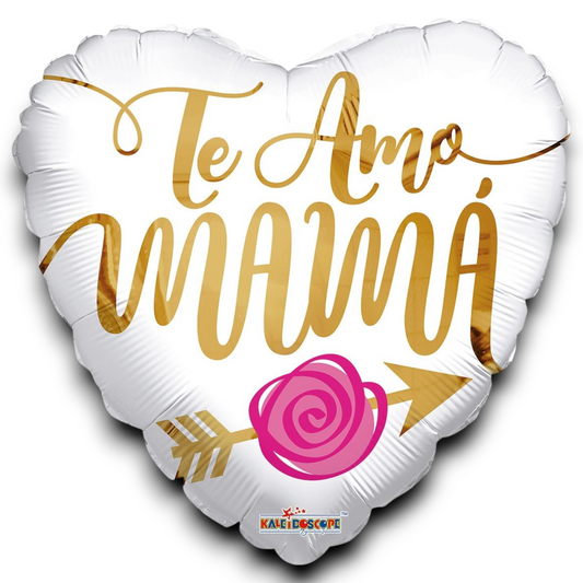 Heart-shaped foil balloon with 'Te Amo Mamá' gold script and pink rose on white
