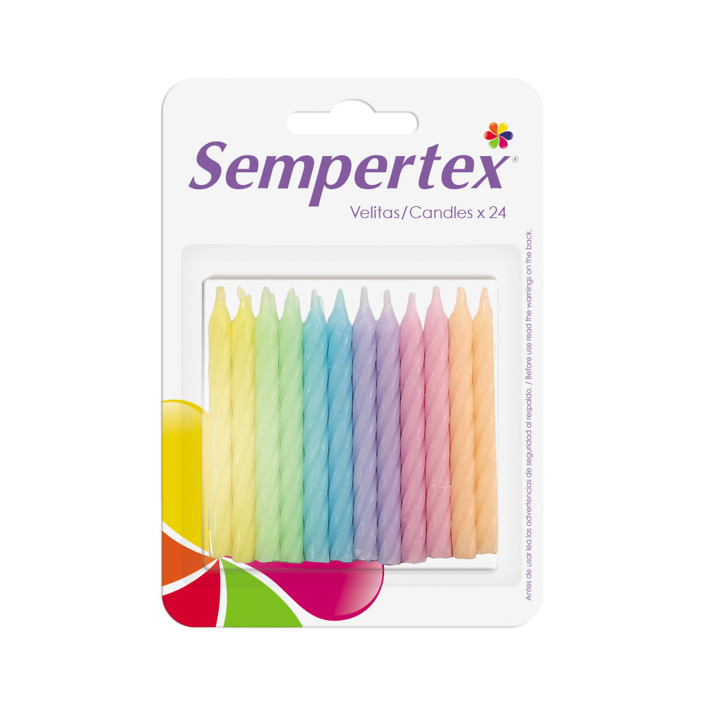 Sempertex spiralized candles, 24-pack, pastel rainbow spiral candles in blister pack