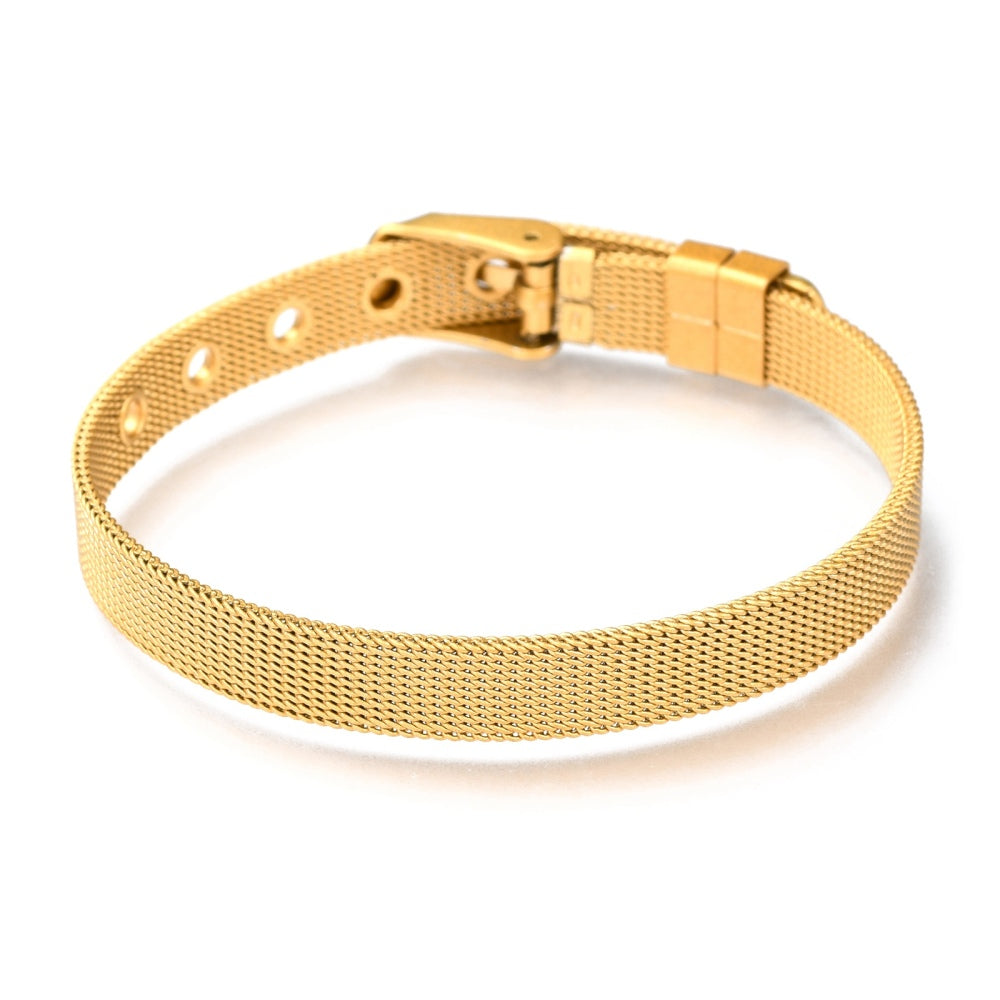 Gold-plated stainless steel watch band with mesh texture and open clasp, 21.5cm
