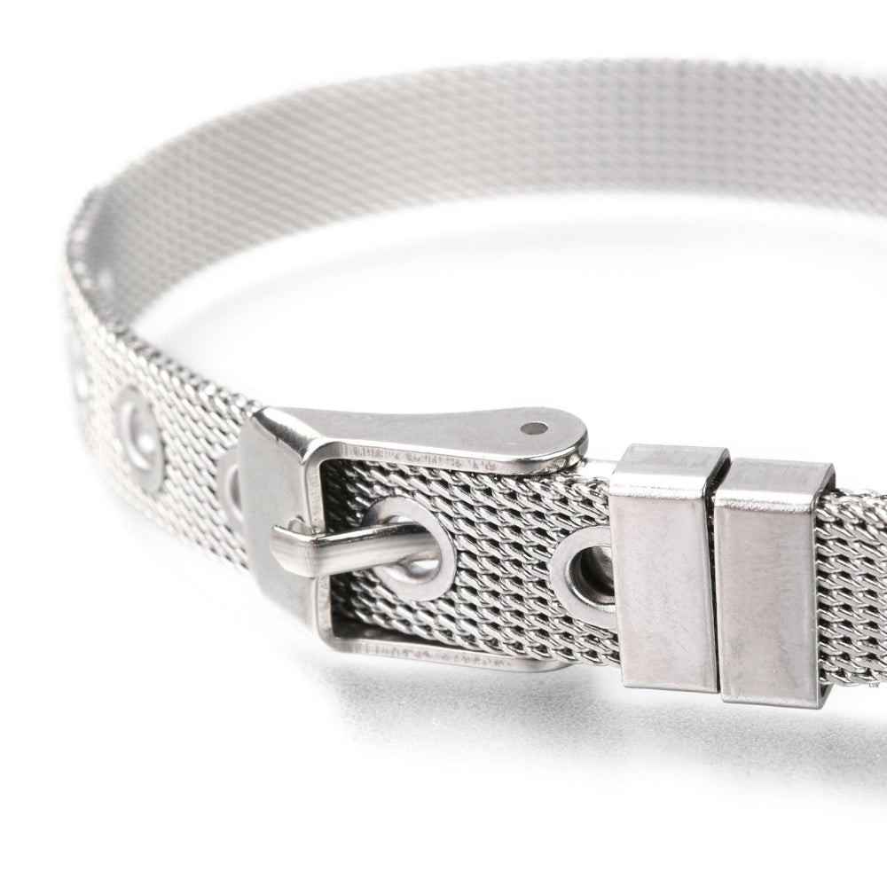Stainless steel mesh watch band buckle with pin holes, silver tone