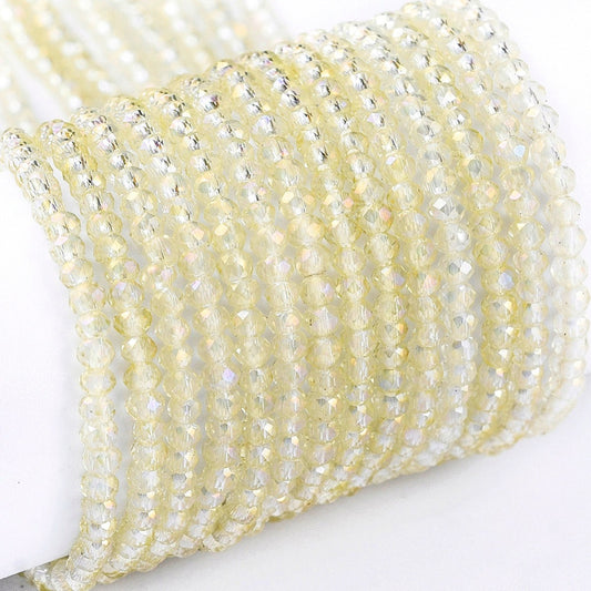 Champagne yellow faceted glass rondelle beads, electroplated, close-up strand