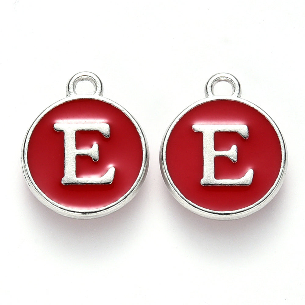 Round enamel letter charm with red face, white E, and metal top loop, platinum-plated finish