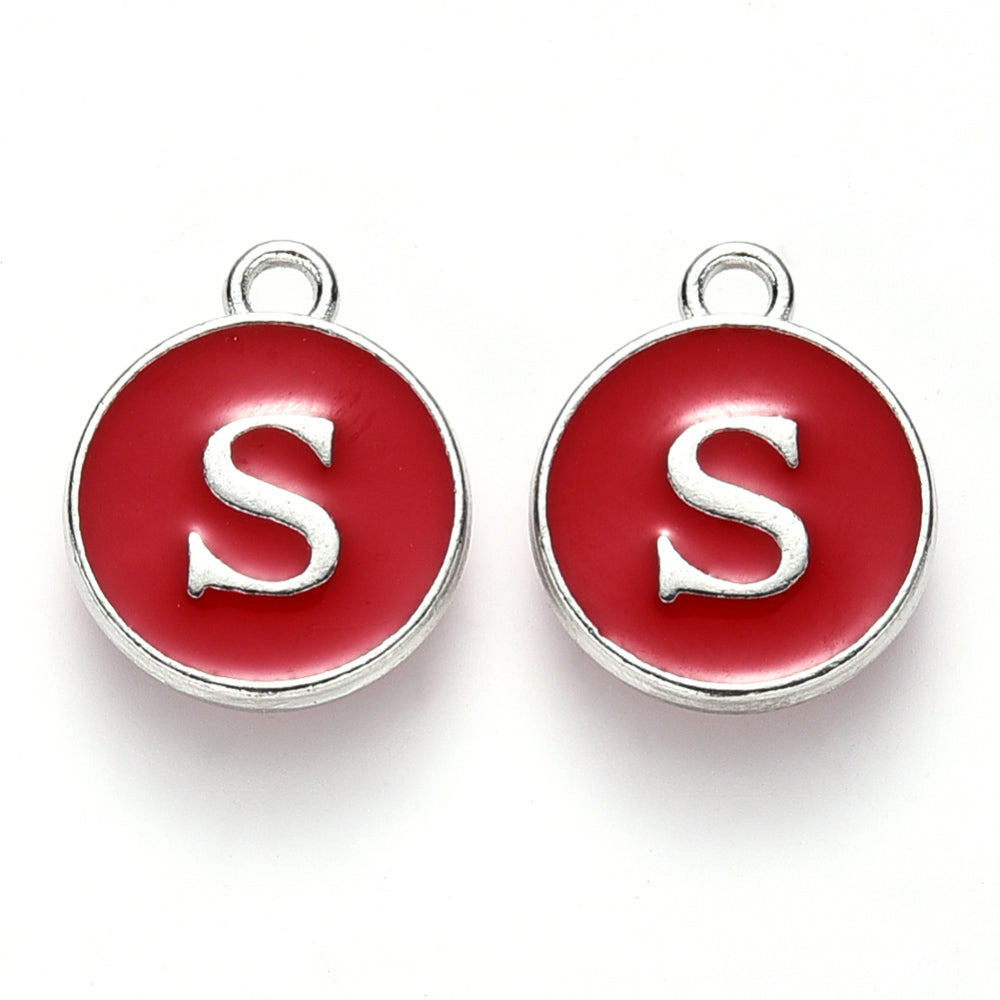 Letter S enamel charm, red round with silver border and top loop bail