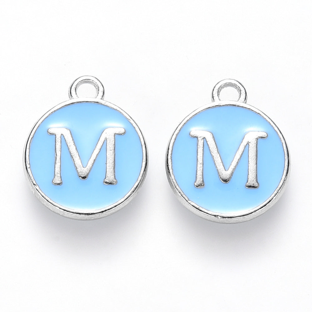 Round enamel letter charm: light blue M, silver rim, top bail loop