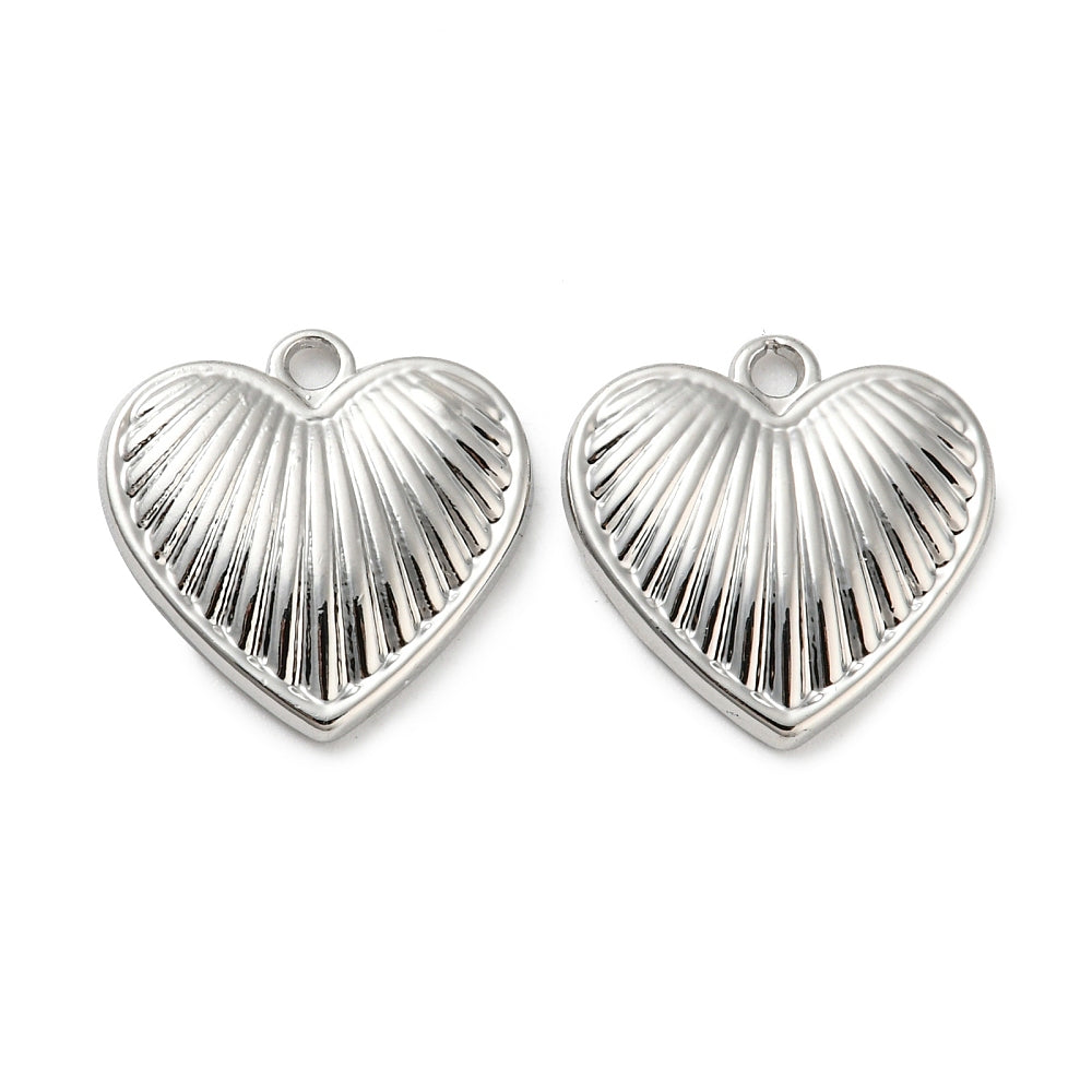 Platinum-plated heart pendants with ribbed shell design, small bail loop, 15x15mm