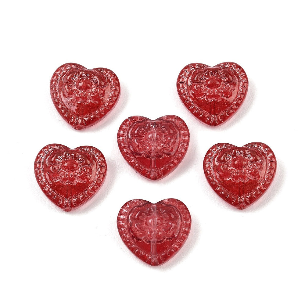 Glass heart beads with embossed floral pattern, firebrick red, hearts set of 3