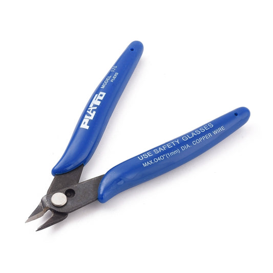 Wire flush cutters with blue handles and angled cutting jaws
