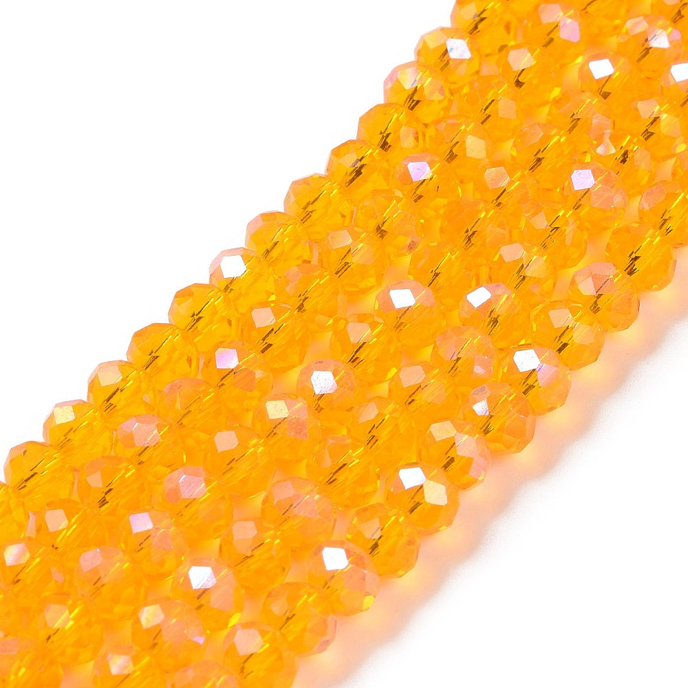 Faceted glass rondelle beads strand, golden-orange with iridescent highlights
