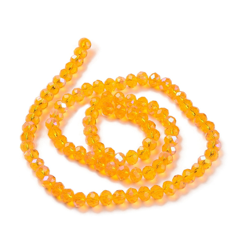 Faceted glass rondelle beads strand, golden-orange with iridescent sparkle, rounded disks