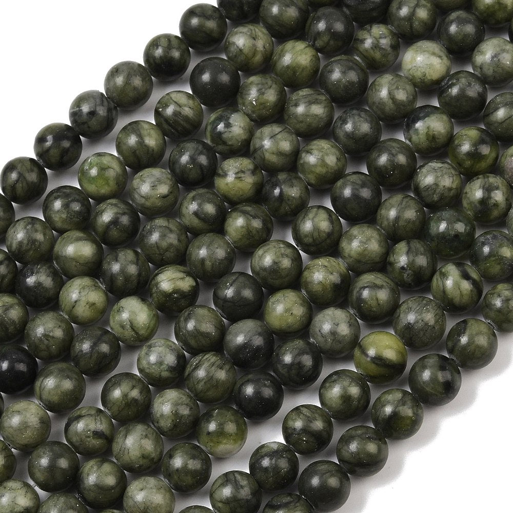 Round olive green jade beads strand with dark mottled pattern, natural finish
