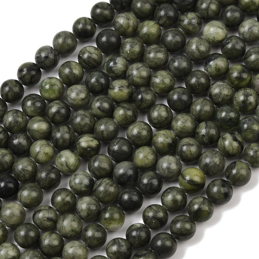 Round olive green jade beads strand with dark mottled pattern, natural finish
