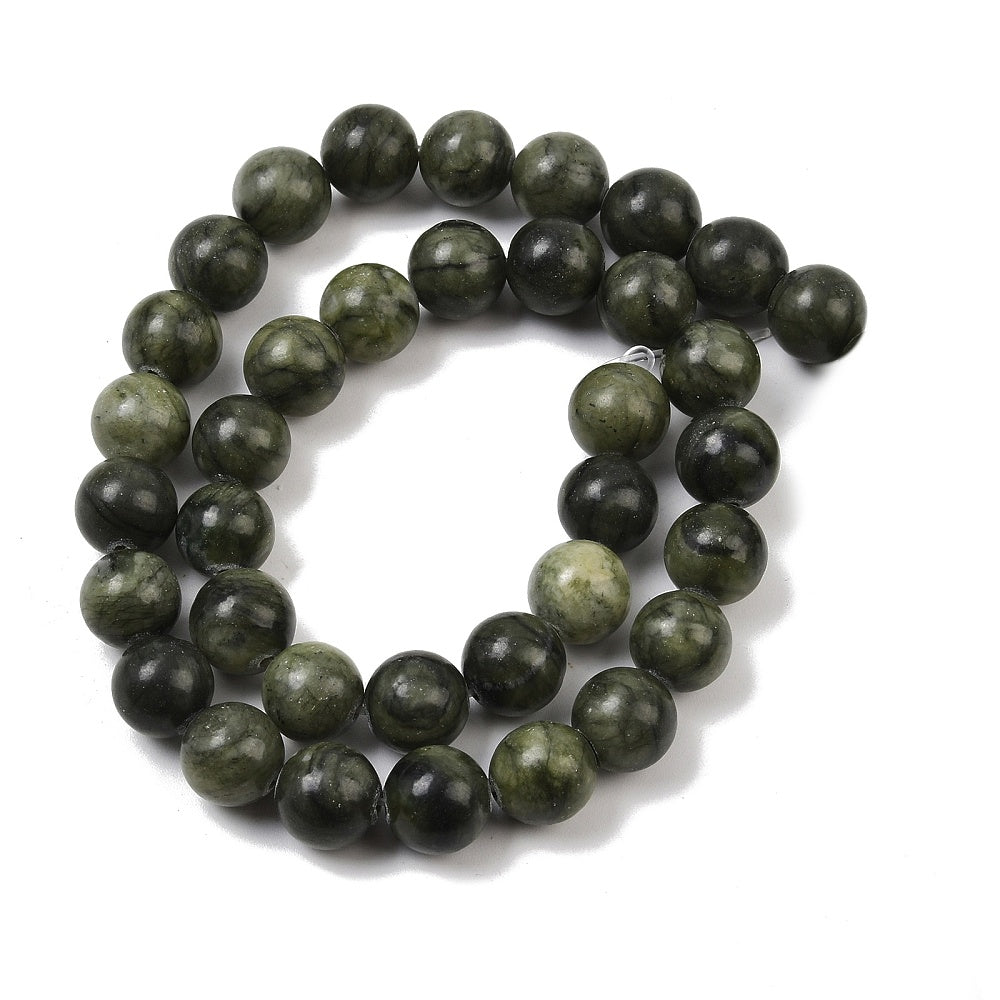 Olive green round jade bead strand looped in a circle, natural mottled finish