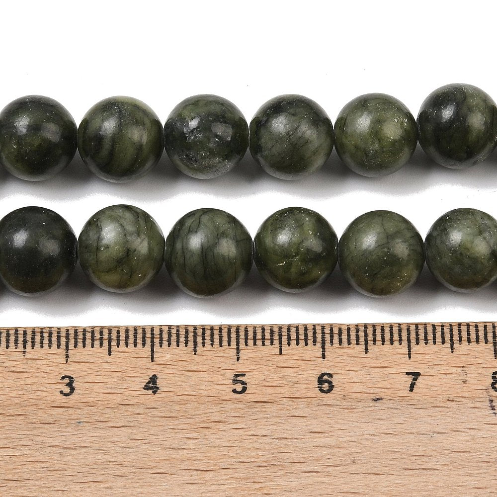 Two rows of olive green round jade beads with mottled texture; size shown with ruler