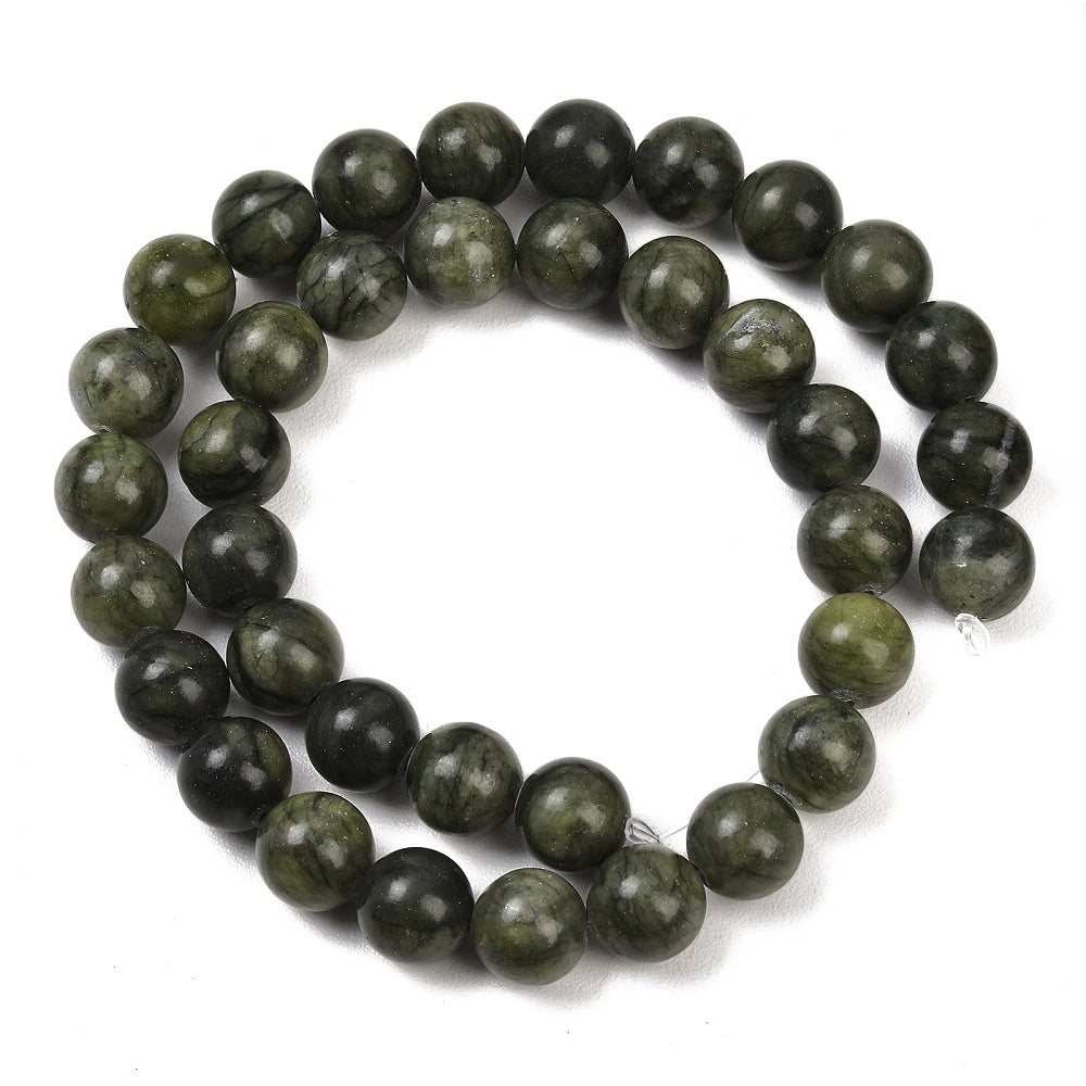 Olive green round jade bead strand loop with glossy dark mottled surface